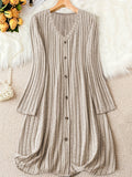 Stylish Plus Size V Neck Ribbed Dress - Plus Size Dresses for Fall & Winter - Long Sleeve, Button Front, Casual, Comfortable, and Flattering