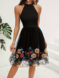 Elegant Women's Floral Pattern Halter Neck A-line Dress, Sleeveless Cut Out Design, Perfect for Various Occasions