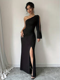Chic One-Shoulder Knit Dress - Long Sleeve, Solid Color, Flattering Fit, Spandex Blend for Comfort, Elegant Hollow Detail, Suitable for All Seasons and Occasions