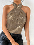 Sexy Plaid Halter Neck Tank Top - Mid-Elasticity, Sleeveless, Cross-Detail, Polyester Knit Fabric - Perfect for Party, Club, and All Seasons