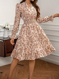 Floral Print C Neck Dress, Elegant Long Sleeve Shirred Waist Dress, Women's Clothing