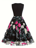 Adult Women's All-Season Vintage Floral Print Embroidered V-Neck Polyester Blouse Dress
