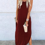 Zjkrl  -  Womens Fashionable Crew Neck Asymmetrical Maxi Dress - Sleeveless & Split Design, Effortlessly Chic for Summer Beach Vacations - A Must-Have Womens Clothing Staple