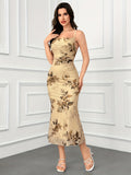 Floral Print Crew Neck Cami Dress, Elegant Sleeveless Bodycon Criss Cross Back Dress For Spring & Summer, Women's Clothing