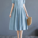 Zjkrl  -  Vibrant Color Crew Neck Chic Dress - Women's A-line Dresses with Short Sleeves, Cinched Waist, Minimalist Design for Spring & Summer, Elegant Casual Wear for Ladies