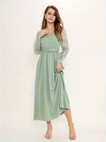 For Spring & Fall Ankle Length Elegant Cinched Waist Floral Print V Neck Dress, Women's Clothing