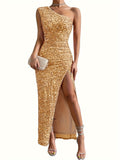 Glamorous Sequined One-Shoulder Gown - Thigh-High Slit, Tailored Fit - Ideal for Parties & Galas