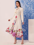 Chic Floral Print Long Sleeve Tie Neck Dress - Cinched Waist, Pleated, Comfortable, Versatile for Spring & Fall, Women's Elegant Clothing for Everyday Wear