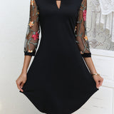 Zjkrl  -  Three-quarter Illusion Sleeve Floral Dress, Casual Keyhole Crew Neck Loose Dress, Women's Clothing