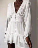 Zjkrl Sexy Low-Cut Ruffle Bow A-Line Women Dress Lantern Sleeve V-Neck Slim Style Fashion Party Club Dress Spring Female Clothing