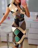 Zjkrl Striped Print Colorblock Knit Short Sleeve Button Design Skinny Dress With Belt