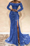 Zjkrl - Deep Blue Sexy Formal Solid Patchwork Slit Off the Shoulder Evening Dress Dresses