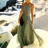 Zjkrl - Fashion Sexy Halter Print Pleated Long Dress Women Sweet O Neck Beach Maxi Dress