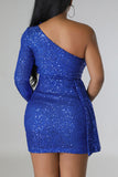 Zjkrl - Blue Sexy Celebrities Solid Sequins Patchwork One Shoulder Wrapped Skirt Dresses