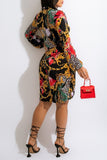 Zjkrl - Multicolor Casual Print Frenulum V Neck Long Sleeve Dresses