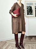 Zjkrl - Stylish Long Sleeves Loose Solid Color V-Neck Sweater Dresses