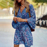 Zjkrl - Boho Tribal Printed V Neck Long Sleeve Mini Dress