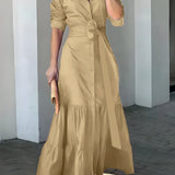 Zjkrl - Solid Button Front Belted Dress, Elegant Ruched Sleeve Ruffle Trim Maxi Dress, Women's Clothing