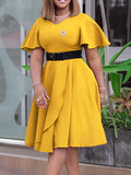 Zjkrl - Irregular Clipping Plus Size Belted Solid Color Round-Neck Midi Dresses
