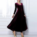 Zjkrl - Elegant Solid Long Sleeved V-neck Velvet Maxi Dresses