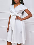 Zjkrl - Bowknot Lace-Up Solid Color V-Neck Midi Dresses