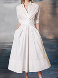 Zjkrl - Stylish A-Line Long Sleeves Pleated Solid Color Lapel Midi Dresses