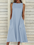 Zjkrl - Summer Crew Neck Solid Cotton Blend Sleeveless Pocket Dress