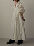 Zjkrl - Loose Puff Sleeves Pleated Solid Color Split-Joint Tiered V-Neck Midi Dresses