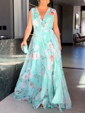 Zjkrl - Sleeveless Floral Printed Split-Side V-Neck Maxi Dresses