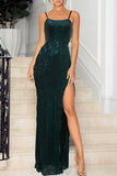 Zjkrl - Green Sexy Patchwork Sequins Backless Slit Spaghetti Strap Evening Dress Dresses