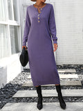 Zjkrl - Long Sleeves Loose Buttoned Split-Joint Round-Neck Midi Dresses Sweater Dresses