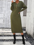 Zjkrl - Long Sleeves Loose Buttoned Split-Joint Round-Neck Midi Dresses Sweater Dresses