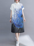 Zjkrl - Artistic Retro Floral Printed Buttoned Lapel Collar Short Sleeves Midi Shirt Dress