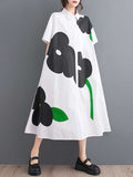 Zjkrl - Loose Short Sleeves Buttoned Floral Printed Lapel Collar Midi Dresses