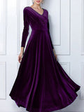 Zjkrl - Elegant Solid Long Sleeved V-neck Velvet Maxi Dresses