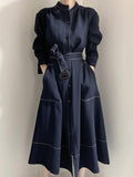 Zjkrl - Stand Collar Single Loose Tie Trench Dress