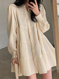 Zjkrl - Lapel Pleated Loose Puff Sleeve Short Shirt Dress