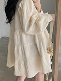 Zjkrl - Lapel Pleated Loose Puff Sleeve Short Shirt Dress