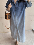 Zjkrl - Lapel Gradient Smudge Loose Long Sleeve Denim Dress