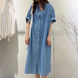 Zjkrl - Vintage Lapel Single Breasted Casual Pocket Denim Dress