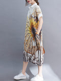 Zjkrl - Artistic Retro Floral Printed Buttoned Lapel Collar Short Sleeves Midi Shirt Dress