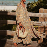 Zjkrl - Floral Bohemian V Neck Long Sleeve Maxi Dress
