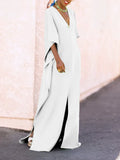 Zjkrl - Batwing Sleeves Loose Solid Color Split-Side V-Neck Maxi Dresses