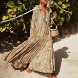 Zjkrl - Floral Bohemian V Neck Long Sleeve Maxi Dress