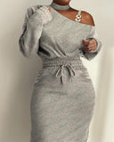 Zjkrl Chain Strap Cold Shoulder Drawstring Sweatshirt Dress