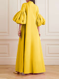Zjkrl - Loose Flower Shape Solid Color Stand Collar Lantern Sleeves Maxi Dresses