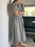Zjkrl - Original Loose Solid Color Pleated Puff Sleeves Midi Dress