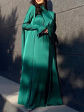 Zjkrl - Flared Sleeves Long Sleeves Solid Color High-Neck Maxi Dresses