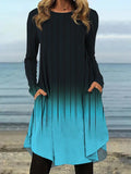 Zjkrl - Original Long Sleeves Contrast Color Gradient Round-Neck Mini Dresses