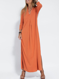 Zjkrl - Long Sleeves Loose Solid Color Split-Side V-Neck Maxi Dresses